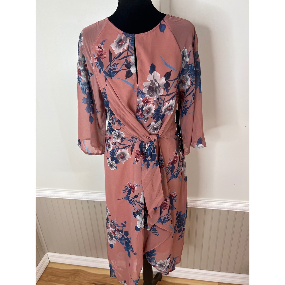 Lulus Dusty Rose Floral Faux Wrap Midi Dress Tie Front Keyhole Small NEW - Picture 2 of 12